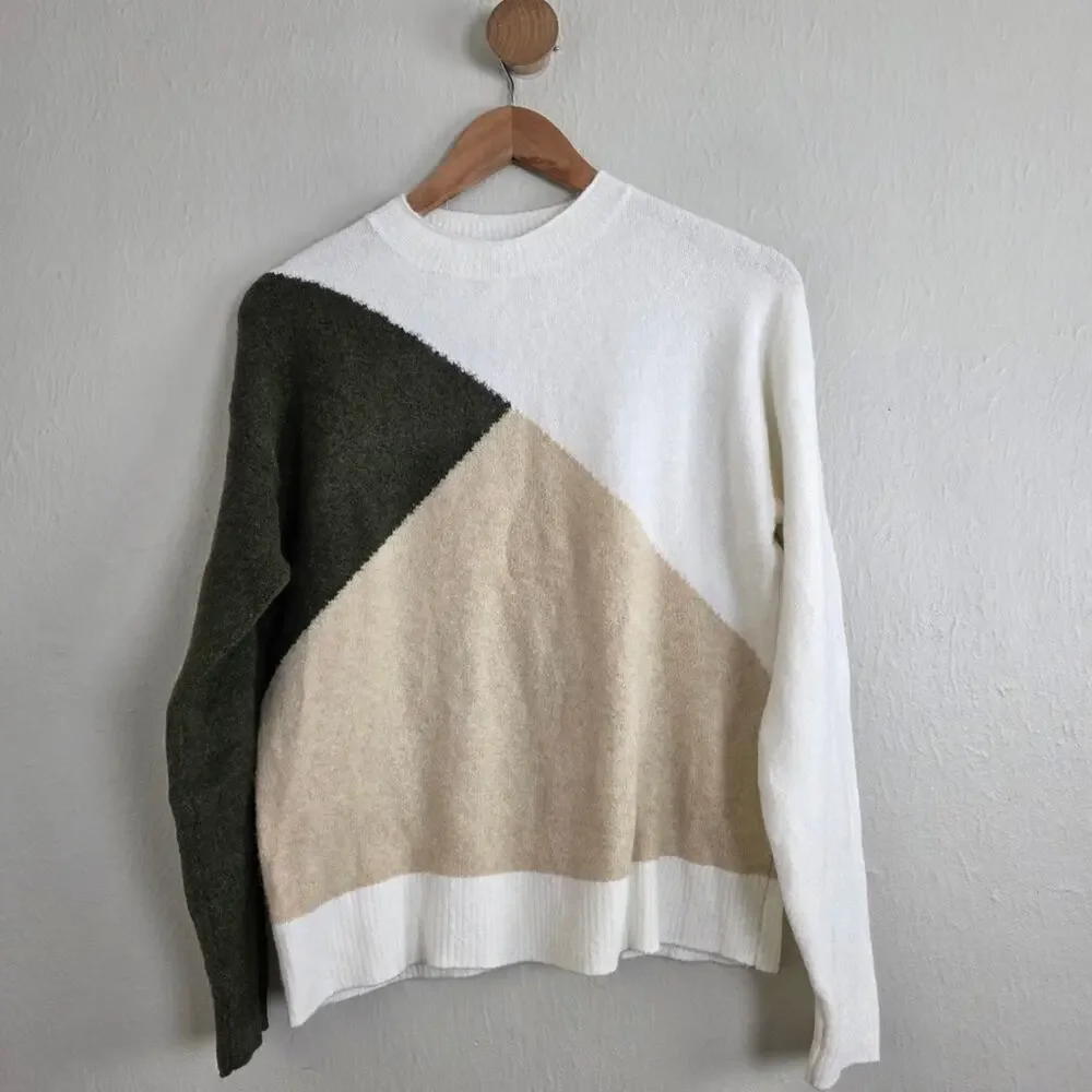 J. Crew Colorblock Mockneck Sweater Merino Wool Blend Green Cream White NWT XS